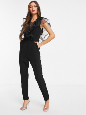 Rare London V Neck Jumpsuit With Frill Detail In Black