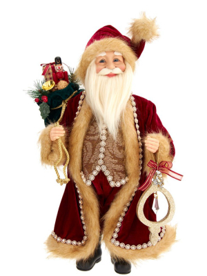 Kurt Adler 16" Kringle Klaus Burgundy Fur Santa With Bag And Gifts