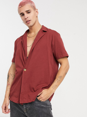 Asos Design Heavyweight Jersey Shirt With Revere Collar In Brown Red