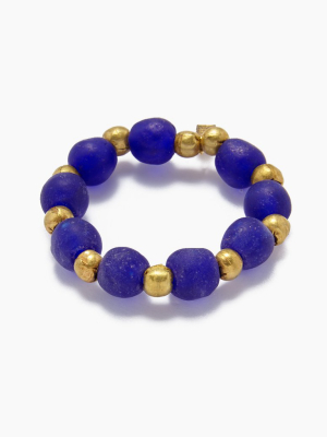 Ghana Glass And Brass Bead Stretch Bracelet - Cobalt