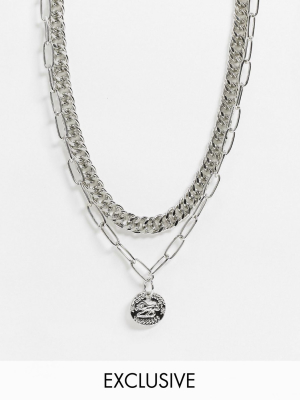 Reclaimed Vintage Inspired Multirow Necklace With Medallion Coin In Silver