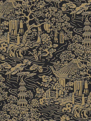 Chinoiserie Wallpaper In Black And Gold From The Tea Garden Collection By Ronald Redding For York Wallcoverings