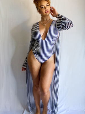 Plus Navy Stripe Mesh Maxi Kimono