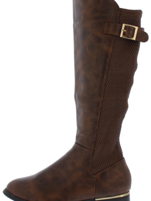 Harmonie1 Brown Knit Buckle Knee High Boot