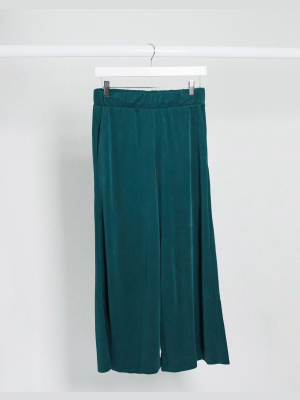 Monki Cilla Recycled Cupro Wide Leg Cropped Pants In Dark Green