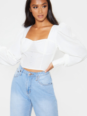 Petite White Long Puff Sleeve Button Detail Blouse