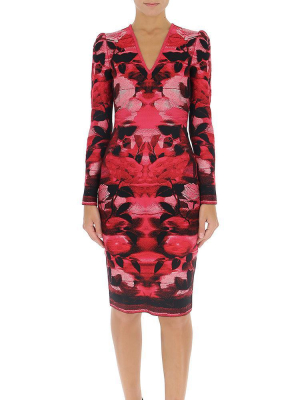 Alexander Mcqueen V-neck Floral Fitted Dress