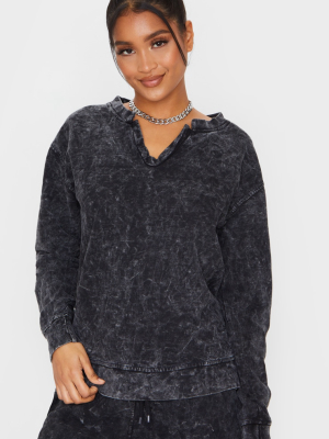 Black V Neck Long Sleeve Washed Sweater