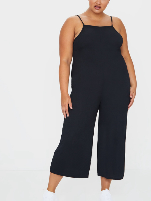 Plus Black Rib Wide Leg Culotte Jumpsuit