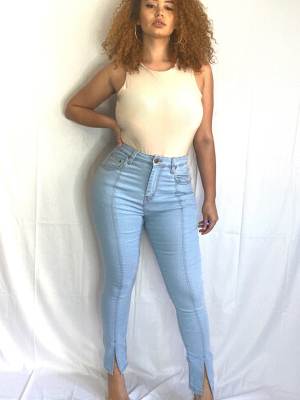 Plus Light Blue Wash Front Split Hem Skinny Jeans