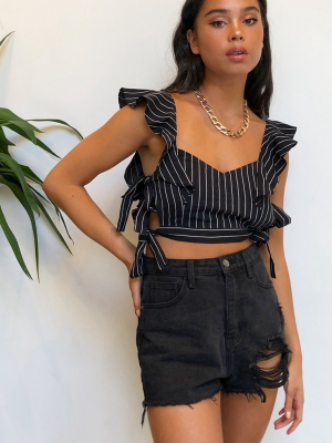 Black Pinstripe Woven Tie Side Frill Bralet