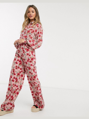 In The Style X Billie Faiers Wide Leg Pants Two-piece In Red Floral Print