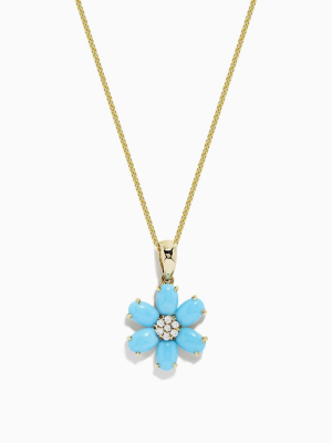 Effy 14k Yellow Gold Turquoise And Diamond Flower Pendant, 2.36 Tcw