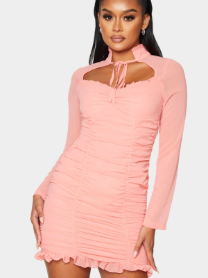 Peach High Neck Cut Out Ruched Frill Bodycon Dress