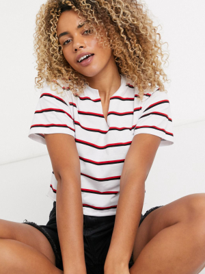 Asos Design Boxy T-shirt With Notch Neck In White With Red Stripe