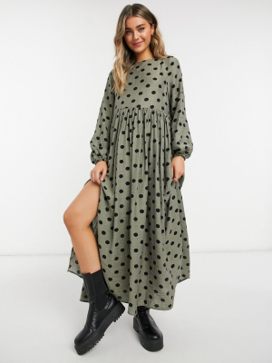 Asos Design Long Sleeve Maxi Smock Dress In Sage Polka Dot