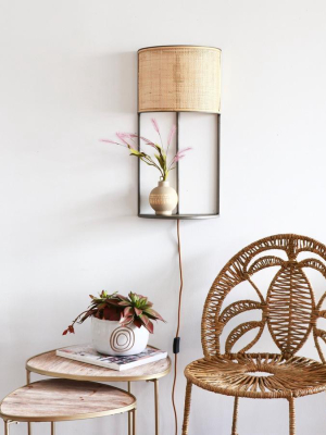 Rattan And Metal Wall Hanging Sconce Light With Shelf