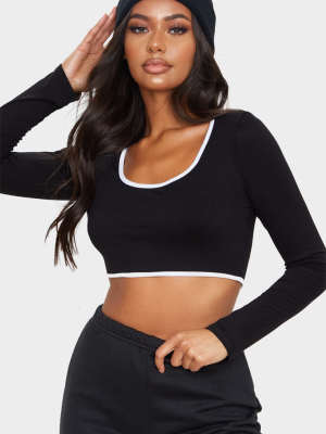 Black Contrast Jersey Long Sleeve Crop Top