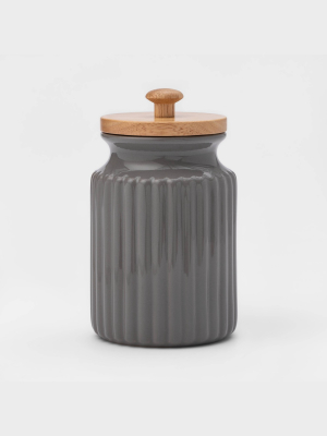 30oz Stoneware Ribbed Food Storage Canister With Wood Lid Gray - Threshold™