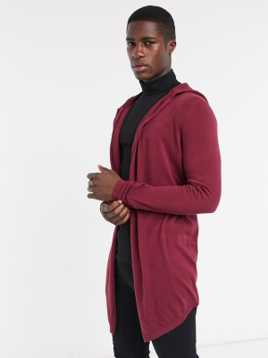 Asos Design Hooded Open Front Cardigan With Curved Hem In Burgundy