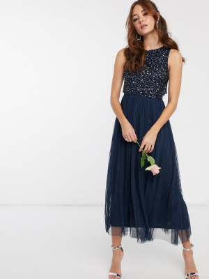 Maya Bridesmaid Sleeveless Midaxi Tulle Dress With Tonal Delicate Sequin Overlay In Navy