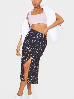 Black Floaty Ditsy Floral Print Midi Skirt