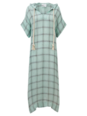 Drawstring Hooded Seafoam Windowpane Gauze Caftan