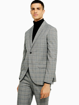 Gray Check Slim Fit Single Breasted Blazer With Peak Lapels