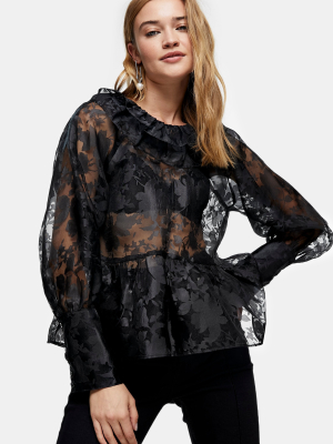 Black Organza Floral Print Peplum Hem Blouse