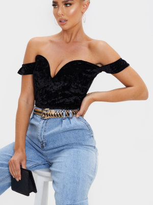 Black Crushed Velvet V Wire Bardot Bodysuit