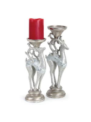 Melrose 2ct Deer Christmas Pillar Candleholder Set 14.25" - Silver