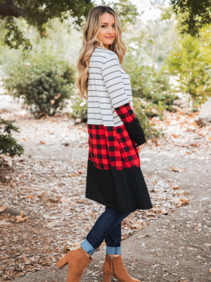 Cooper Cardigan - White Stripe / Red Plaid