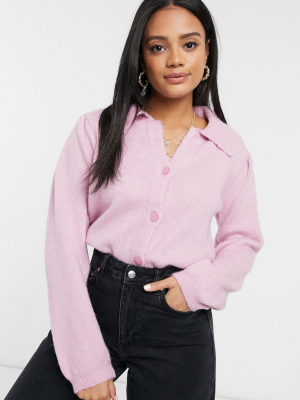 Asos Design Fluffy Collared Sweater With Placket Detail In Lilac