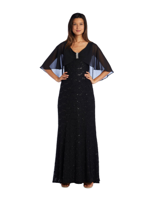 Sequined Gown With Sheer Cape And Diamante Detail