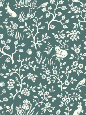 Fox & Hare Wallpaper In Teal From Magnolia Home Vol. 2 By Joanna Gaines