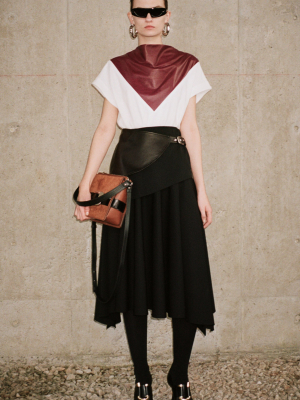 Button-detailed Leather-inset Crepe Top