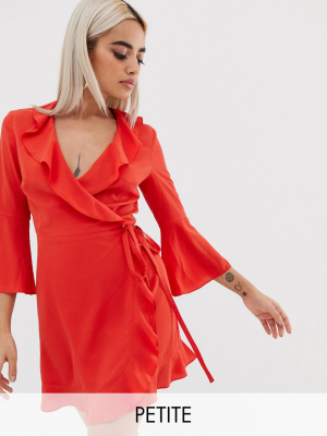 Outrageous Fortune Petite Ruffle Wrap Dress With Fluted Sleeve In Red