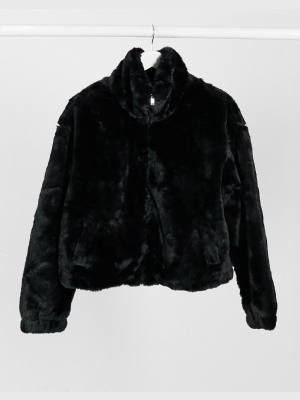 New Look Stand Neck Faux Fur Bomber Jacket In Black