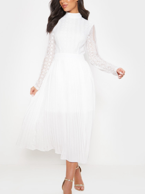 White Lace Top Pleated Midi Dress