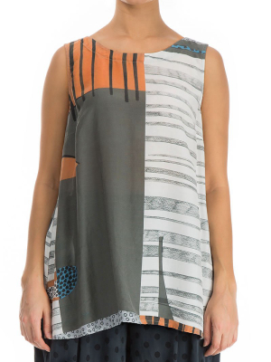 Sleeveless Modern Print Silk Bamboo Blouse