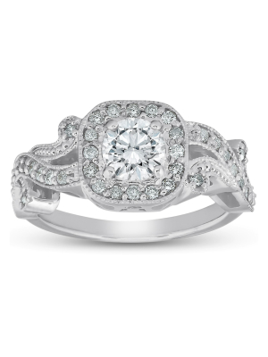 Pompeii3 1 Ct Diamond Vintage Cushion Halo Vine Band Engagement Ring 14k White Gold