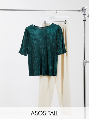 Asos Design Tall Puff Sleeve T-shirt In Plisse In Dark Green