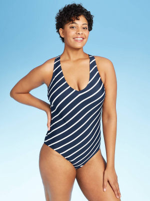 Women's Slanted Medium Coverage One Piece Swimsuit - Kona Sol™ Navy Stripe