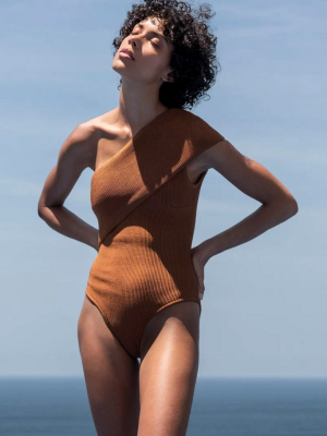 Tep One Shoulder Knit One Piece Swimsuit - Caramel Brown