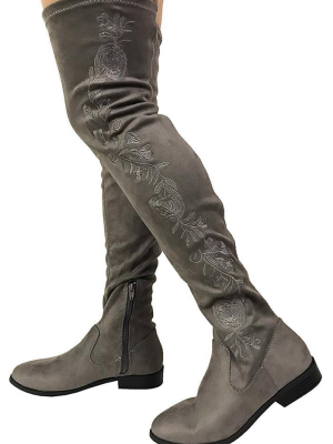 News Charcoal Faux Suede Floral Side Stitch Thigh High Boot