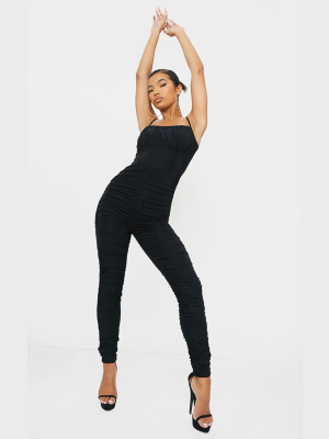 Black Slinky Ruched Jumpsuit