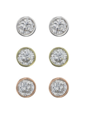 Cubic Zirconia Bezel Studs Sterling Earring Set 3pc - A New Day™ Silver/rose Gold