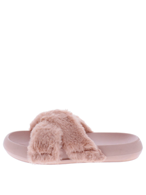 Basa08xx Rose Faux Fur Cross Strap Flat Slide Sandal