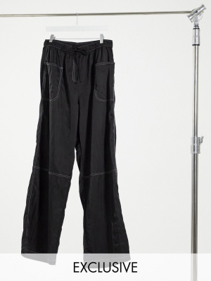 Collusion Crinkle Nylon Wide Leg Pants With Seam Detail In Black