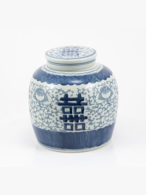 Blooming Double Happiness Jar, Blue And White